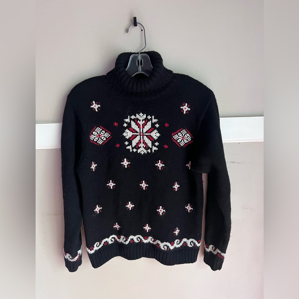 Black Turtleneck Sweater with Red & White Nordic Snowflake Motif
